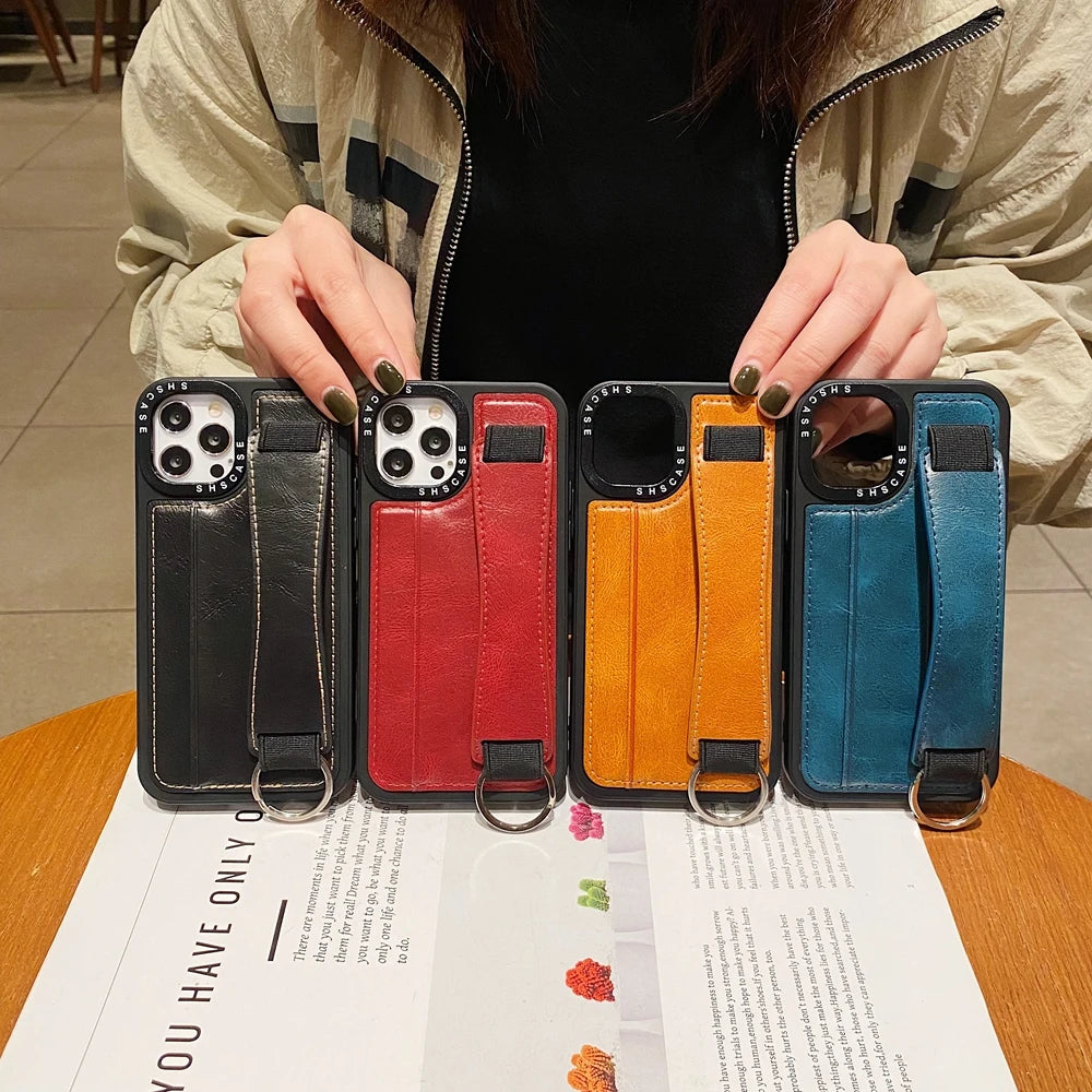 iPhone 14 13 12 11 Funda tipo billetera con ranura para tarjeta y correa para la muñeca