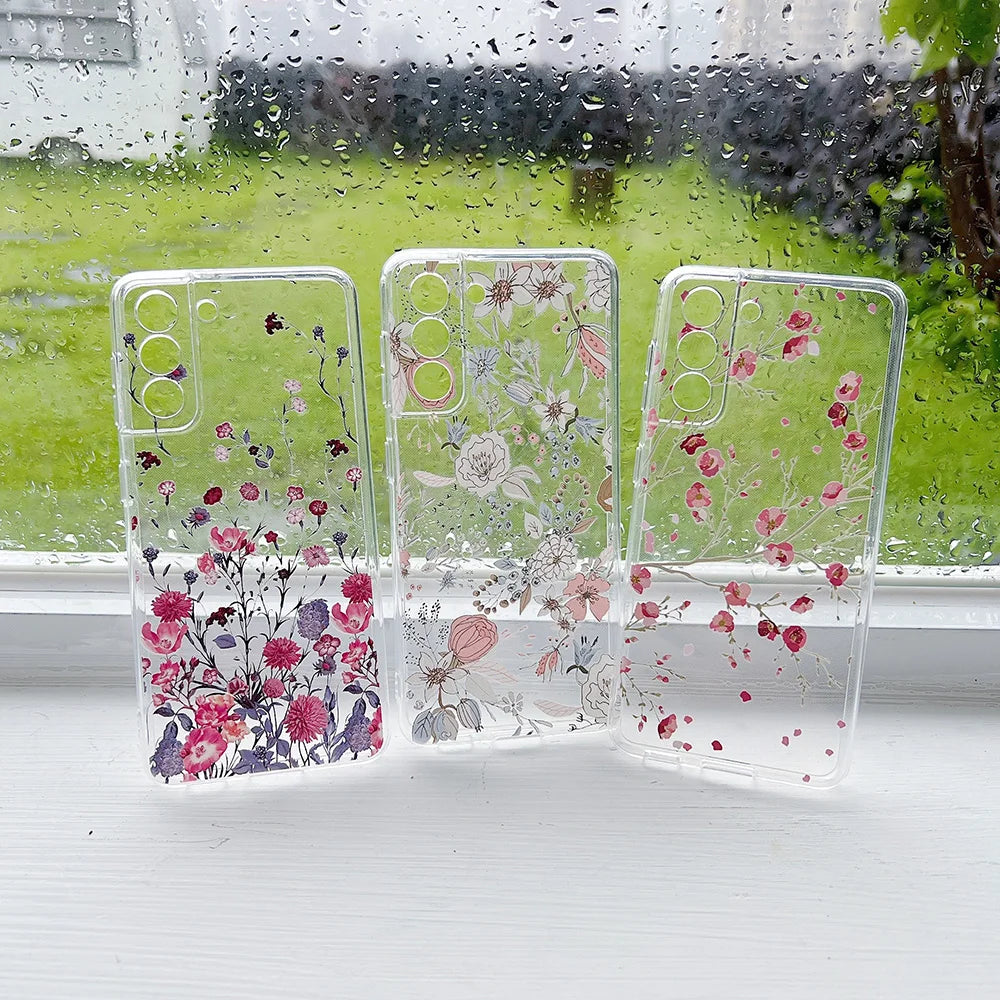 Funda transparente floral con flores para Samsung Galaxy S22 S23 S24, funda suave Ultra a prueba de golpes