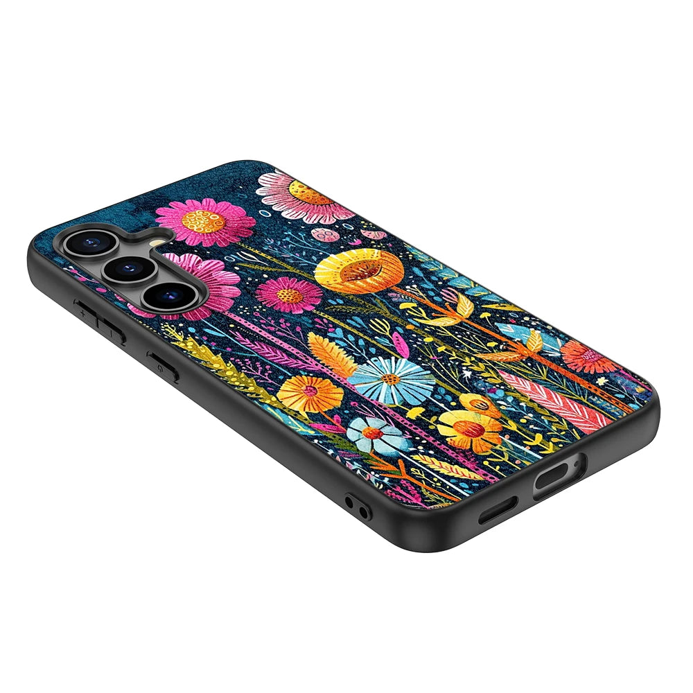 Schutzhülle aus PU-Leder für Samsung Galaxy S20 S21 S22 S23 S24 Plus Ultra FE Fan Edition 5G mit blau-rotem Blumenmuster-Druck