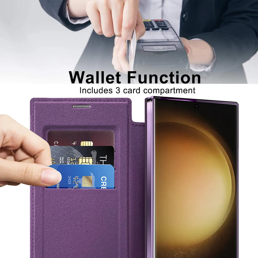 Samsung Galaxy S24 S23 S22 Leather Flip Card Clip Case