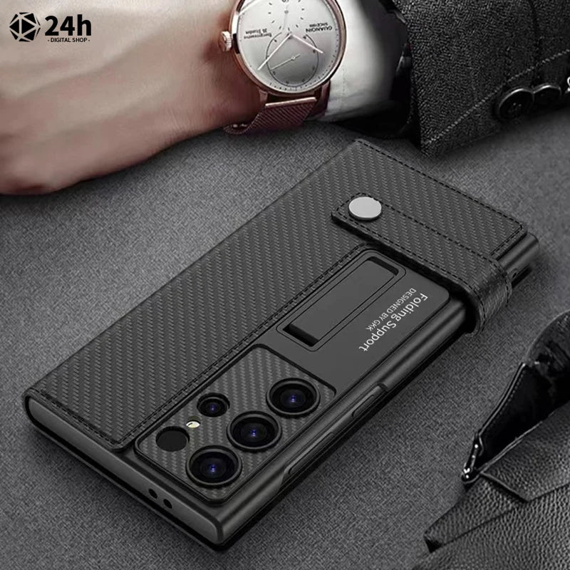 Funda de cuero con Clip para tarjetas para Samsung Galaxy S23Ultra S24 Ultra Plus, funda de teléfono con soporte de fibra de carbono a prueba de golpes