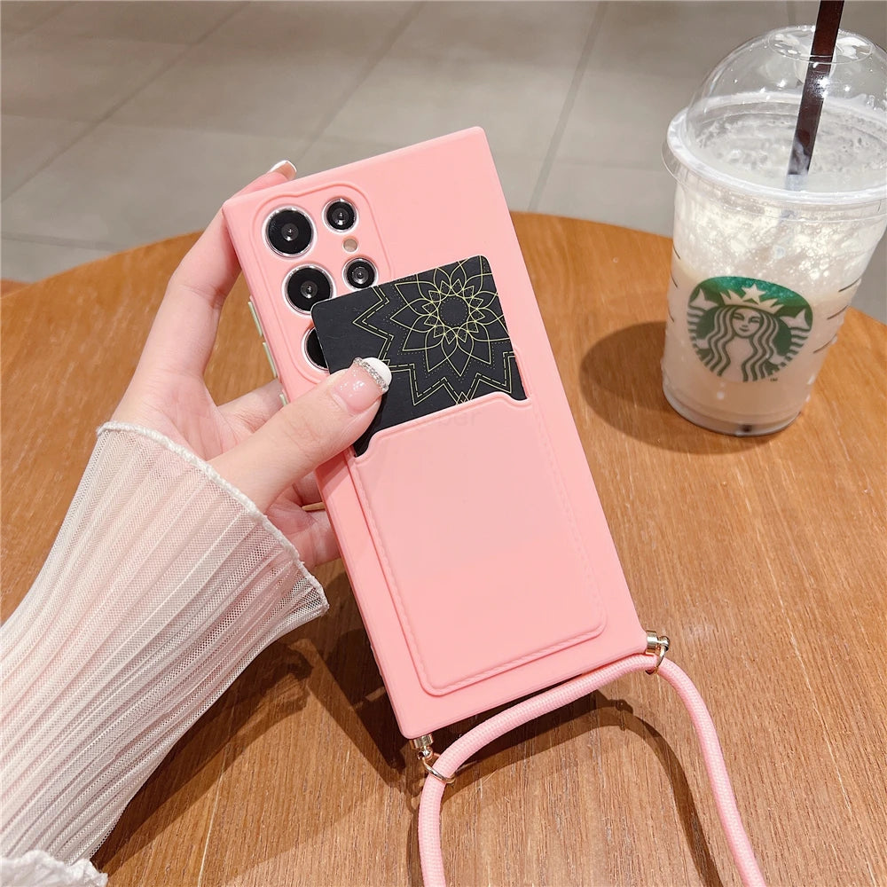 Funda tipo billetera para tarjeta con cordón y collar cruzado para Samsung Galaxy S20-S24 Ultra Plus A73 A53
