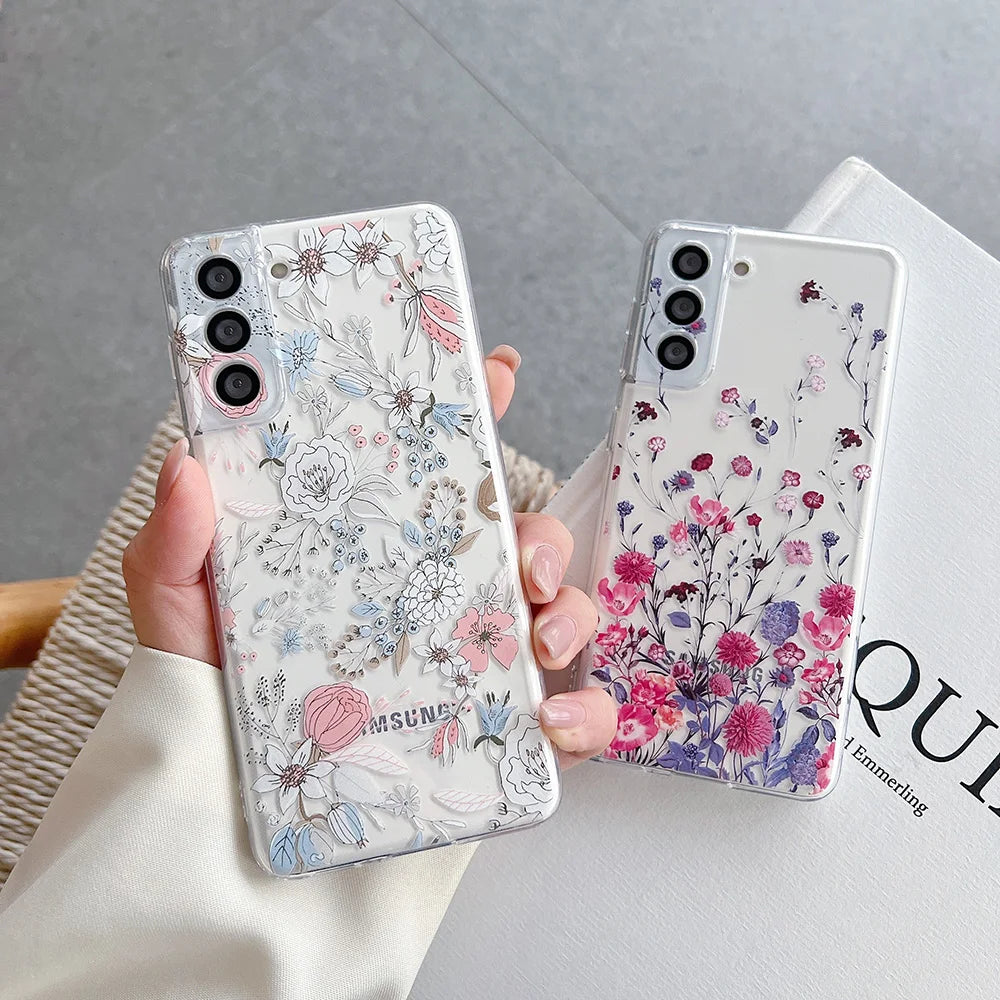Funda transparente floral con flores para Samsung Galaxy S22 S23 S24, funda suave Ultra a prueba de golpes