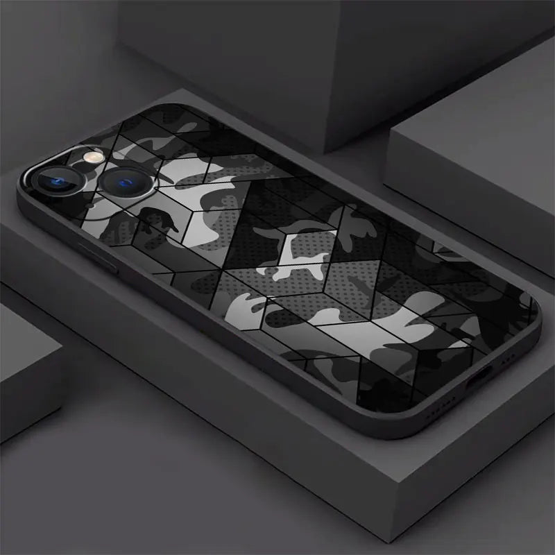 iPhone 14 13 12 Shockproof Black Cover Military Camouflage Green