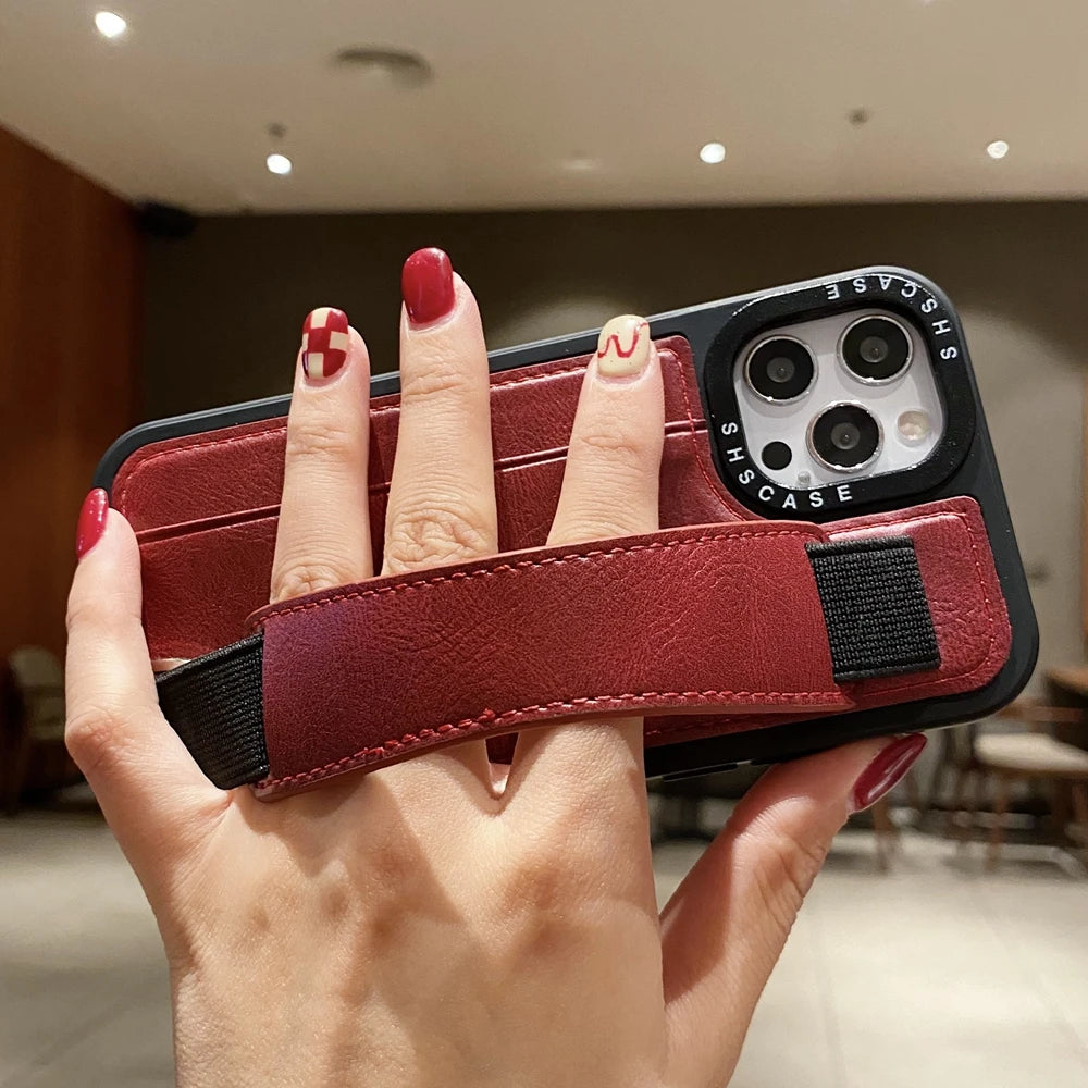 iPhone 14 13 12 11 Funda tipo billetera con ranura para tarjeta y correa para la muñeca