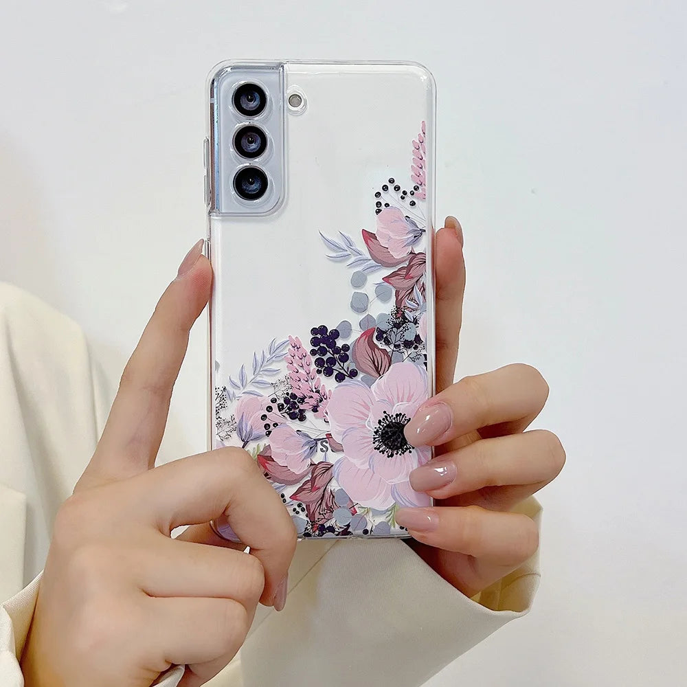 Funda transparente floral con flores para Samsung Galaxy S22 S23 S24, funda suave Ultra a prueba de golpes