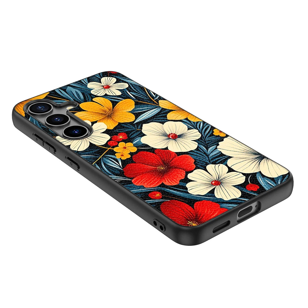 Schutzhülle aus PU-Leder für Samsung Galaxy S20 S21 S22 S23 S24 Plus Ultra FE Fan Edition 5G mit blau-rotem Blumenmuster-Druck