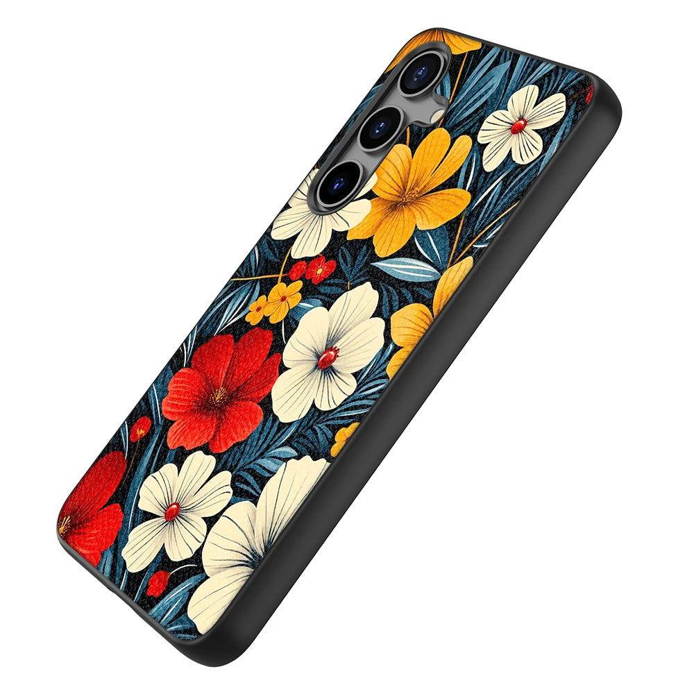 Schutzhülle aus PU-Leder für Samsung Galaxy S20 S21 S22 S23 S24 Plus Ultra FE Fan Edition 5G mit blau-rotem Blumenmuster-Druck