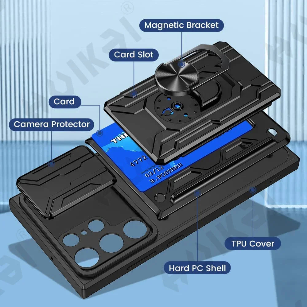 Hülle für Samsung Galaxy S24 S23 S22 S21 Ultra Plus Slide Kamera Kartenhalter 360° Ring Cover