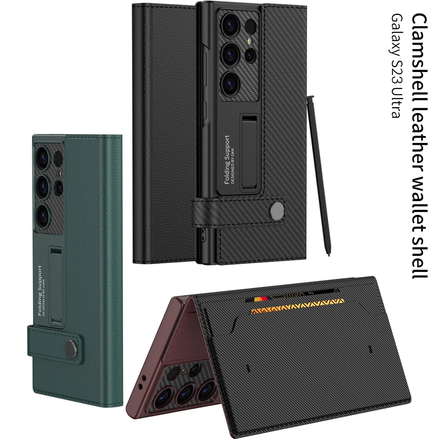 Funda de cuero con Clip para tarjetas para Samsung Galaxy S23Ultra S24 Ultra Plus, funda de teléfono con soporte de fibra de carbono a prueba de golpes