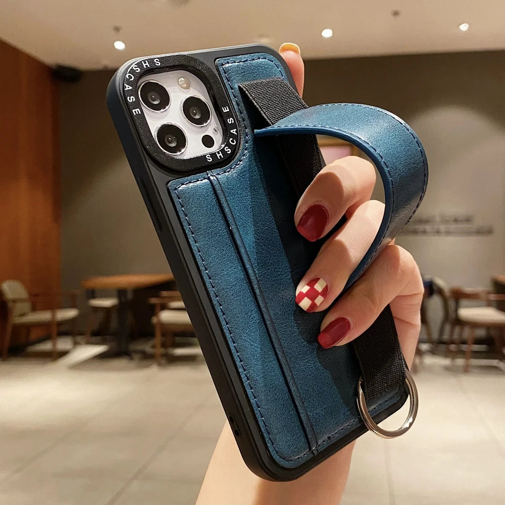 iPhone 14 13 12 11 Funda tipo billetera con ranura para tarjeta y correa para la muñeca