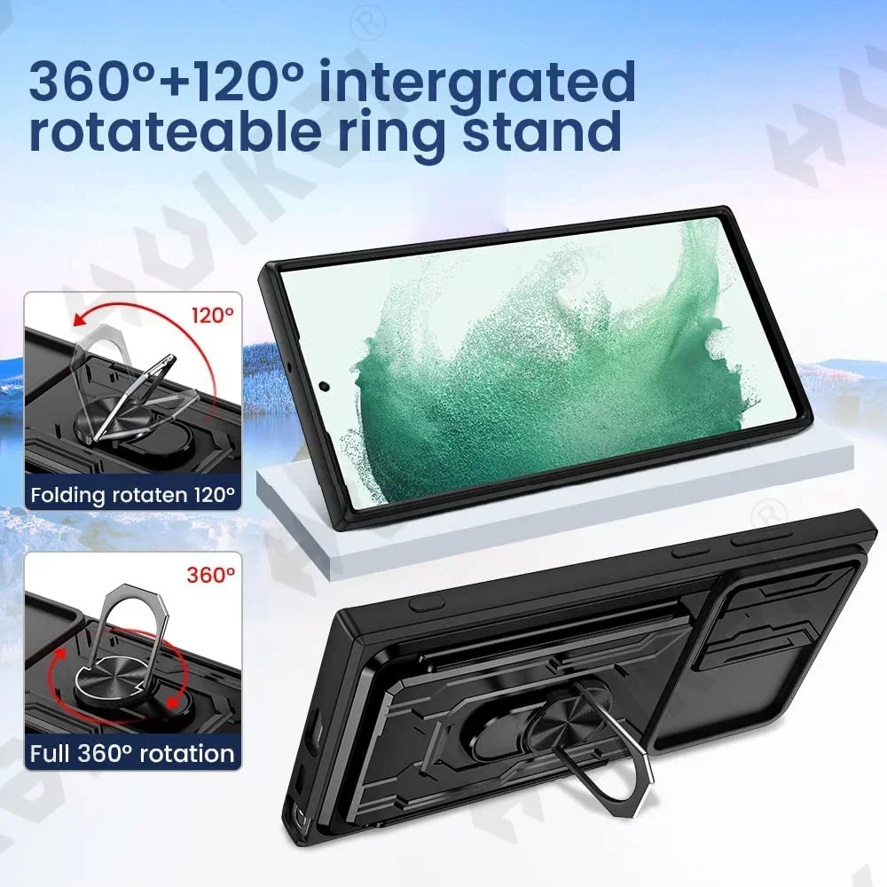 Hülle für Samsung Galaxy S24 S23 S22 S21 Ultra Plus Slide Kamera Kartenhalter 360° Ring Cover