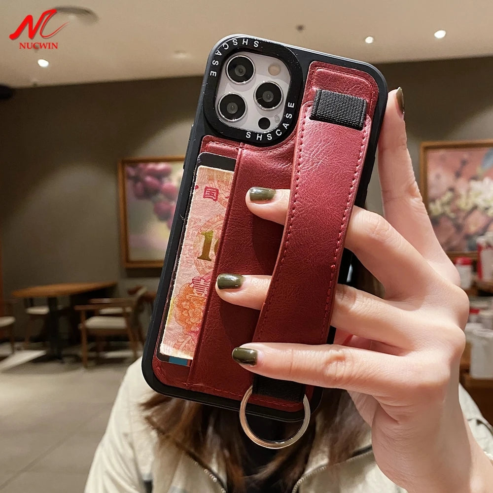 iPhone 14 13 12 11 Funda tipo billetera con ranura para tarjeta y correa para la muñeca