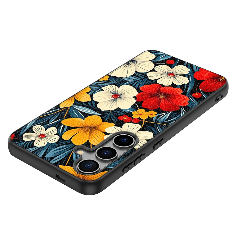 Schutzhülle aus PU-Leder für Samsung Galaxy S20 S21 S22 S23 S24 Plus Ultra FE Fan Edition 5G mit blau-rotem Blumenmuster-Druck