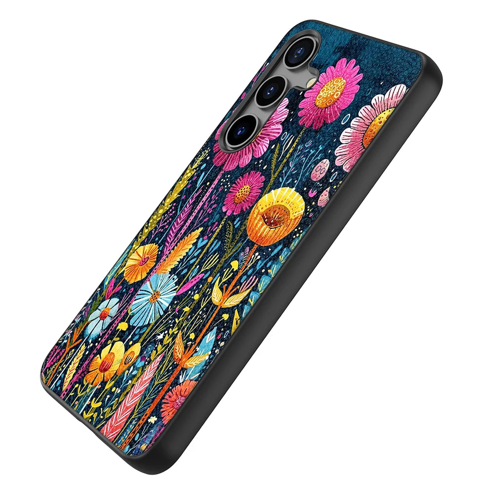 Schutzhülle aus PU-Leder für Samsung Galaxy S20 S21 S22 S23 S24 Plus Ultra FE Fan Edition 5G mit blau-rotem Blumenmuster-Druck