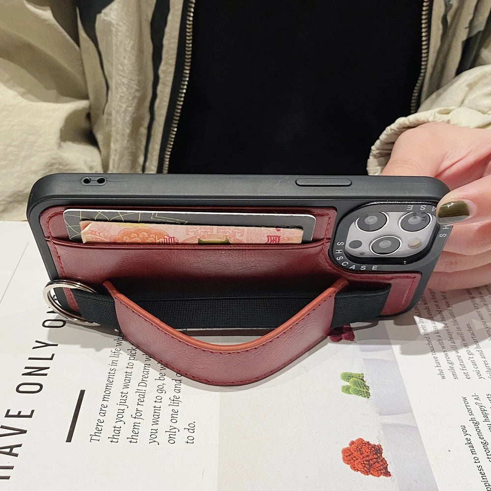 iPhone 14 13 12 11 Funda tipo billetera con ranura para tarjeta y correa para la muñeca