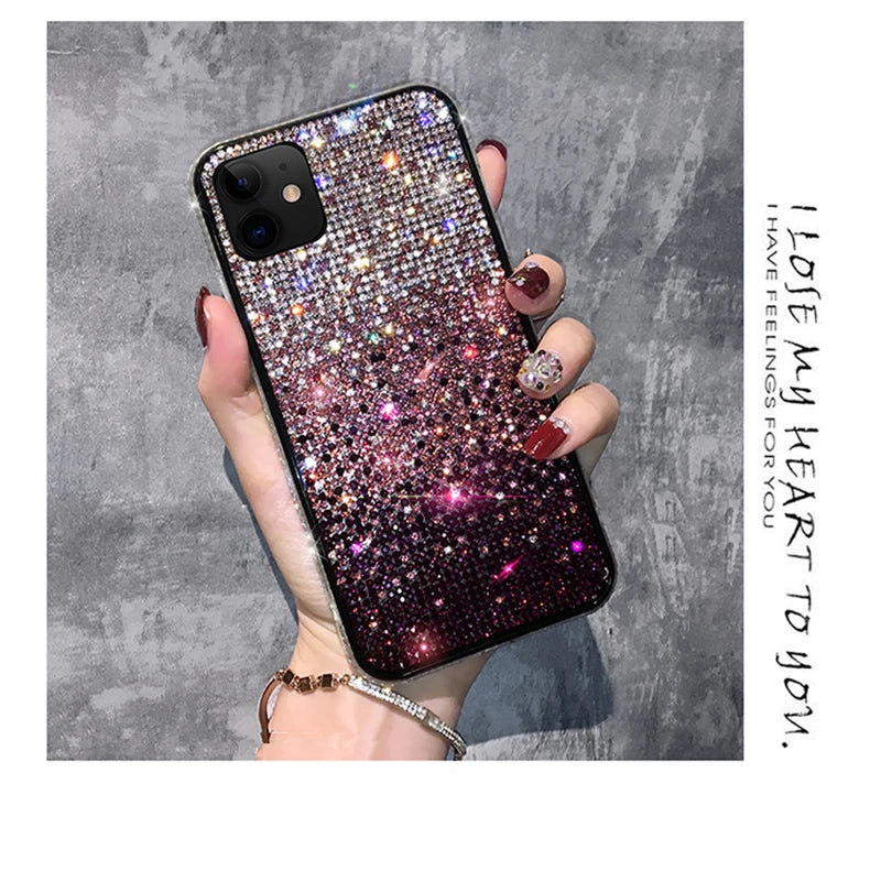 iPhone 15 14 13 12 11 Funda con diamantes degradados y purpurina 