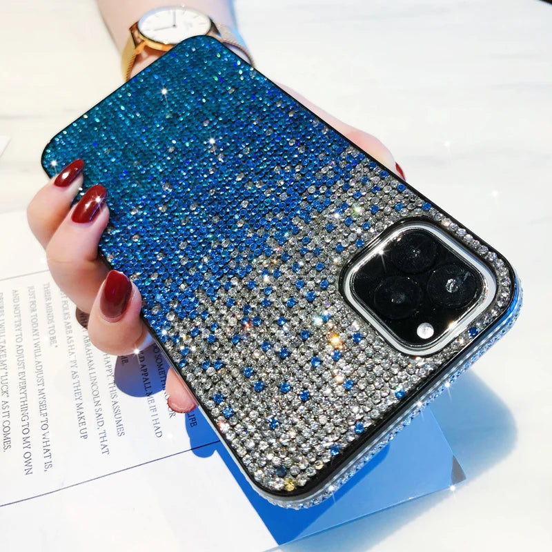 iPhone 15 14 13 12 11 Funda con diamantes degradados y purpurina 