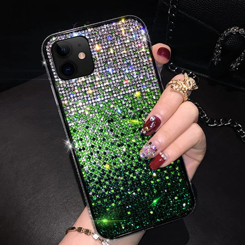 iPhone 15 14 13 12 11 Funda con diamantes degradados y purpurina 