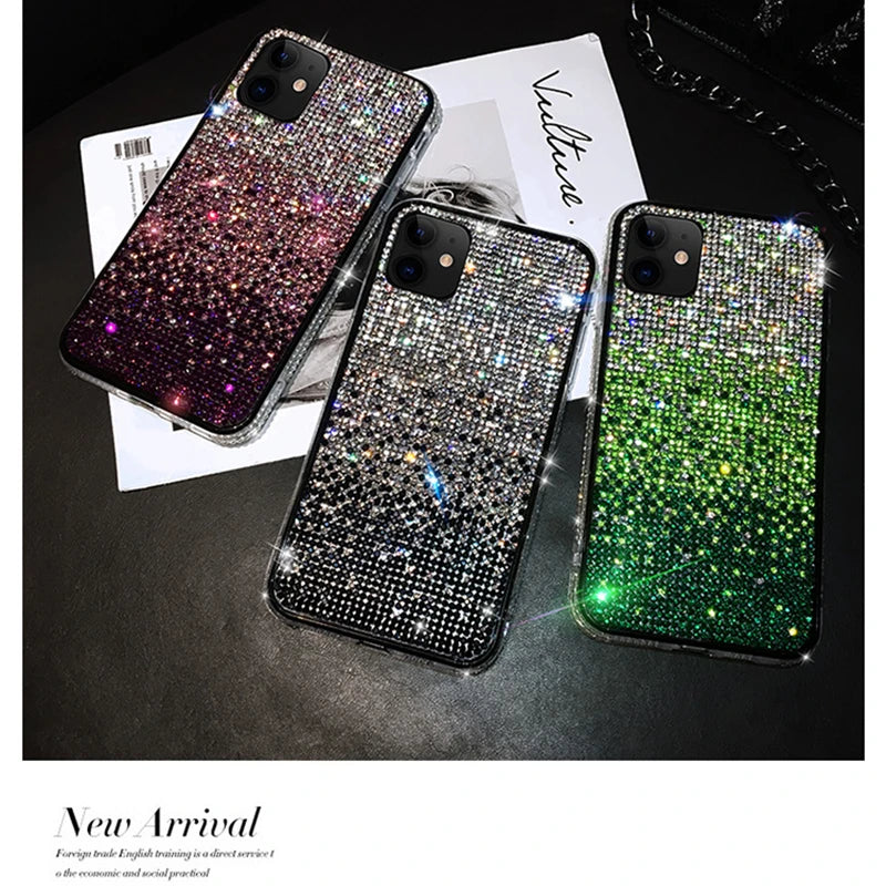 iPhone 15 14 13 12 11 Funda con diamantes degradados y purpurina 