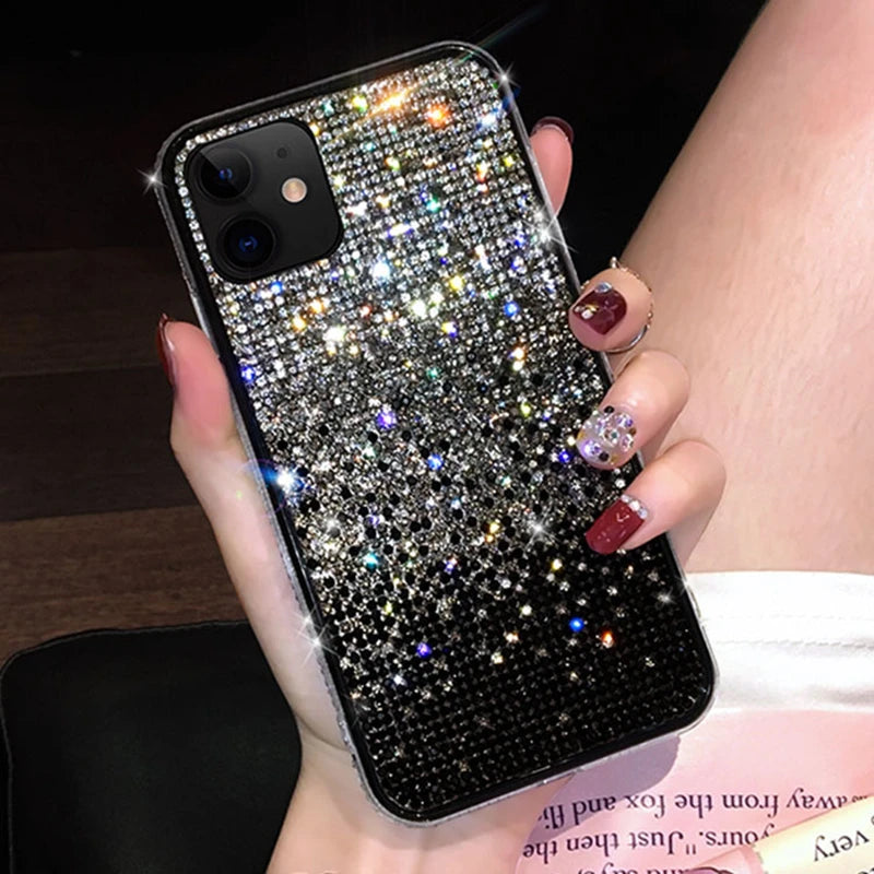 iPhone 15 14 13 12 11 Funda con diamantes degradados y purpurina 