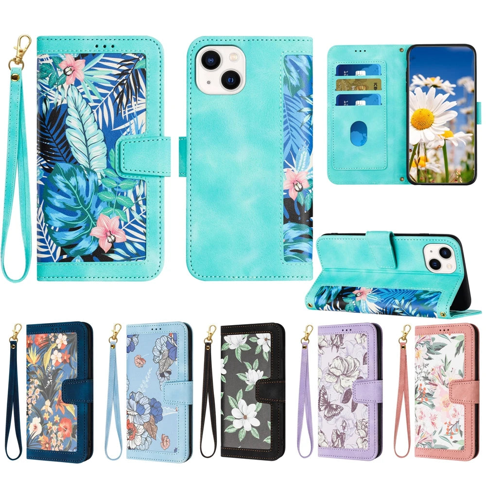 iPhone 13 12 11 Pro Max Plant Flowers PU Leather Case