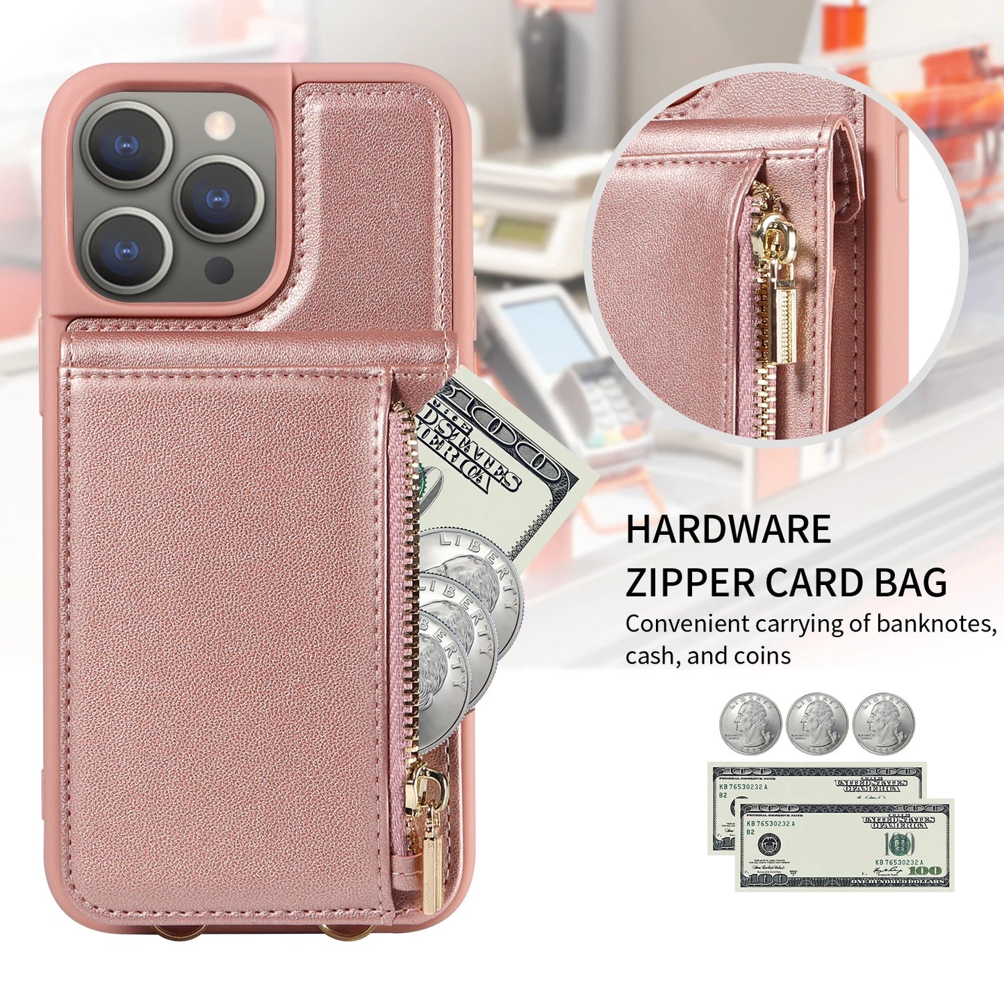 iPhone 15 14 13 12 11  Wallet Multi-card Zipper Leather Case