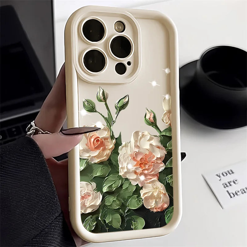 iPhone 15 14 13 12 11 Oil Painting White Rose Flower Cases