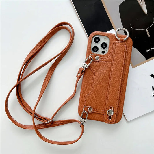 iPhone 15 14 13 Lychee Pattern Wrist Strap Case