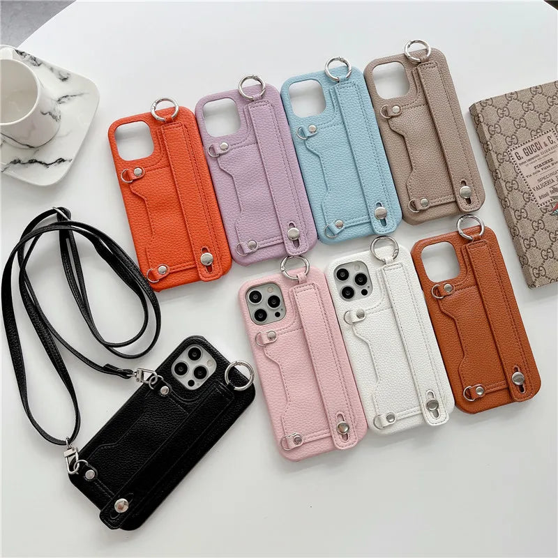 iPhone 15 14 13 Lychee Pattern Wrist Strap Case