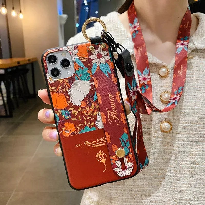 iPhone 15 14 Lanyard Floral Wrist Strap Case