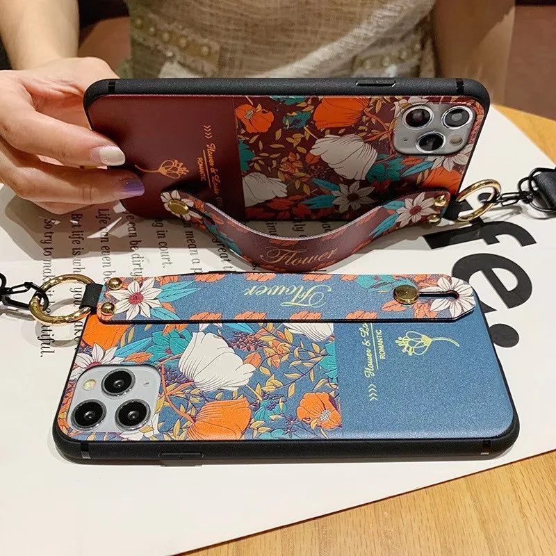 iPhone 15 14 Lanyard Floral Wrist Strap Case