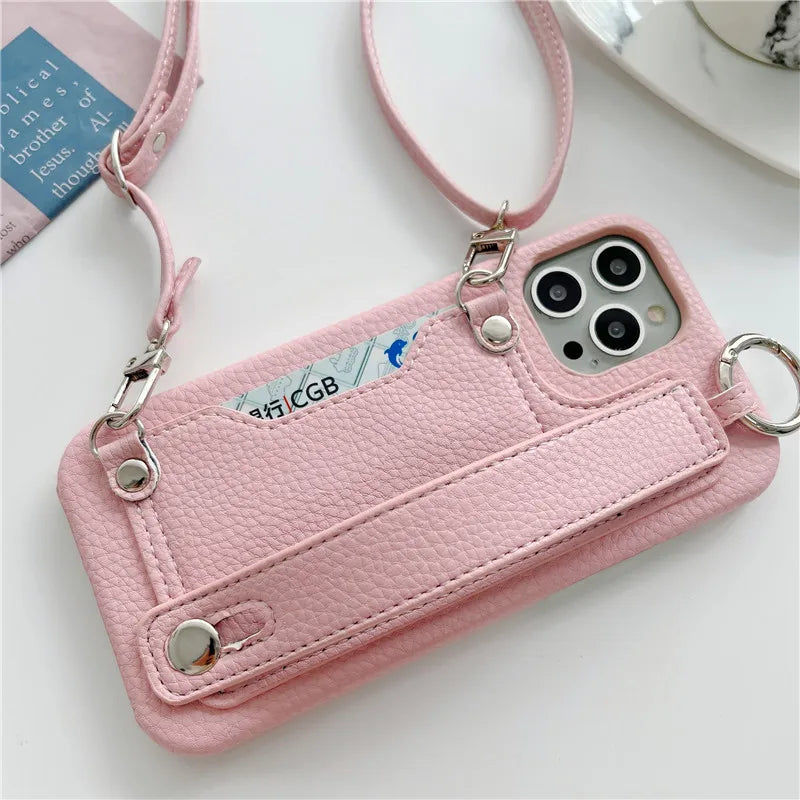 iPhone 15 14 13 Lychee Pattern Wrist Strap Case