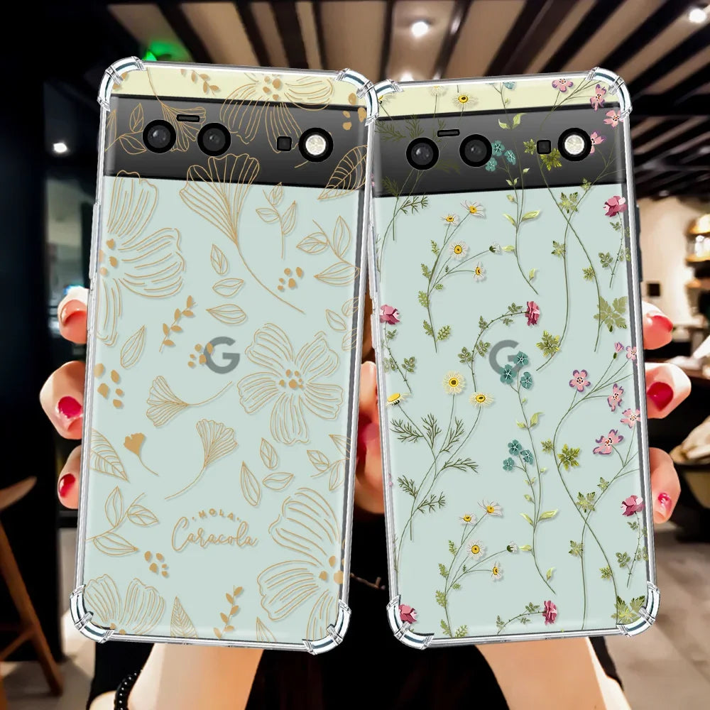 Google Pixel 8 7 6 TPU Flower Leaf Transparent Phone Case