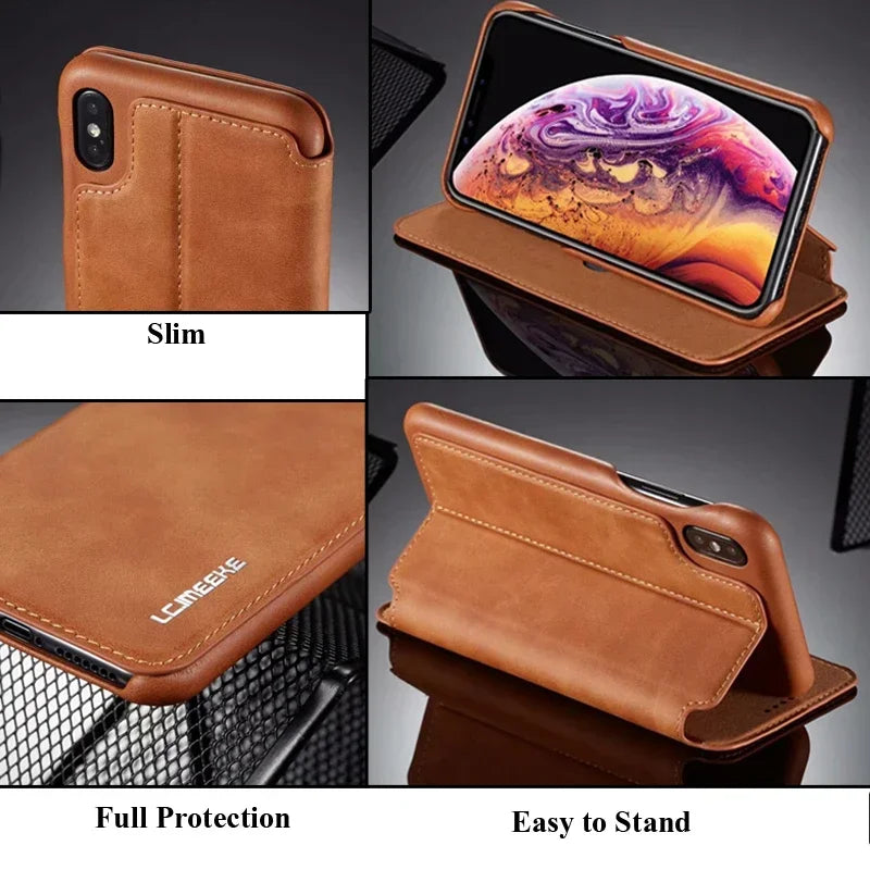 iPhone 15 14 13 12 11 Genuine Leather Flip Case