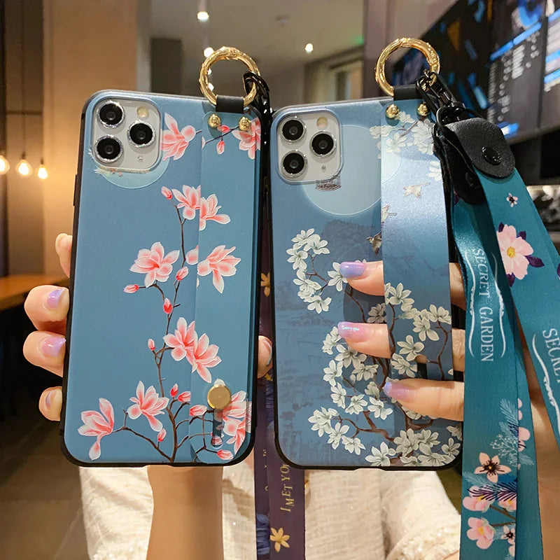 iPhone 15 14 Lanyard Floral Wrist Strap Case