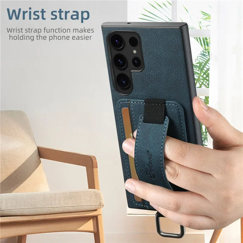 Samsung Galaxy S24 S23 S22 Wrist Strap Leather Case