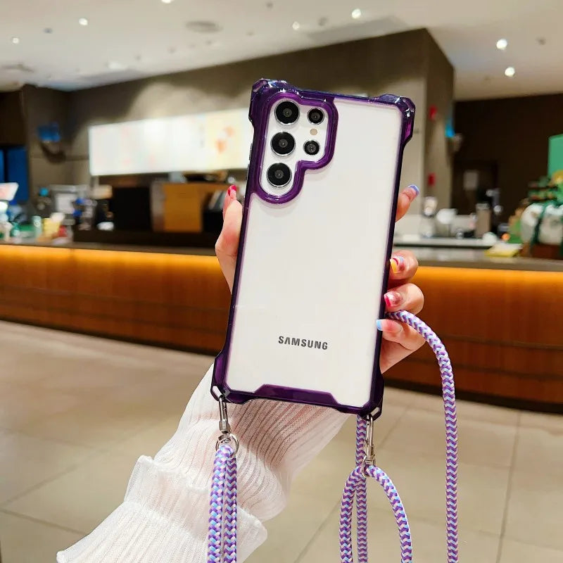 Schutzhülle mit Vier-Ecken-Gurt für Samsung Galaxy S24 Ultra S24 Plus S24Ultra S24Plus Crossbody-Kabel mit Lanyard, stoßfeste, transparente Abdeckung 