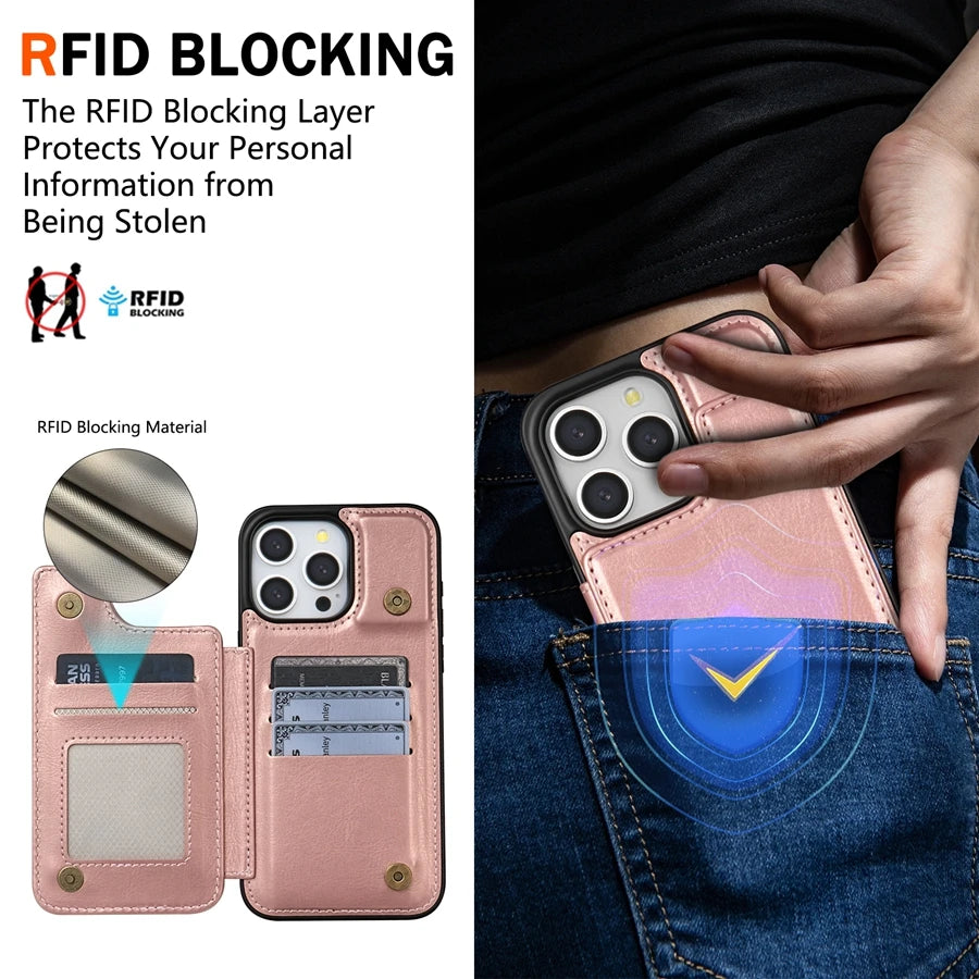 iPhone 15 14 13 12 11 RFID Blocking Card Leather Case