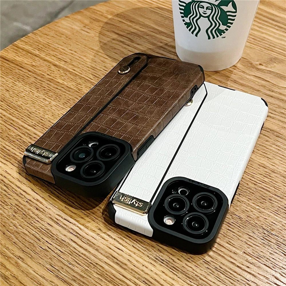 iPhone 15 14 13 12 11 Wrist Strap Holder Leather Phone Case