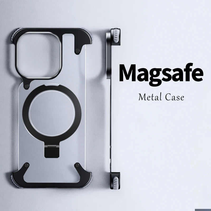 iPhone 15 14 13 Aluminum Alloy Magnetic Stand Rimless Case